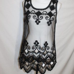 SOMYA COLLECTION Black Mesh Tank Top Size Medium Embroidered Floral Sheer L/W